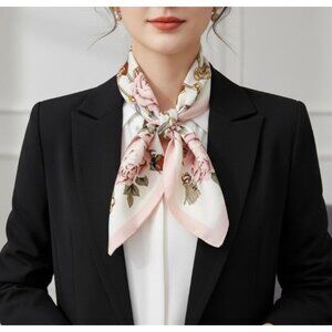 ✨Luxury Silky Square Scarf Pink Peony Rose Retro Chain Print Bandana hijab Shawl